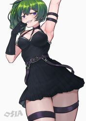 1girl absurdres arm_strap arm_up armpits black_dress black_gloves breasts dress elbow_gloves gloves green_hair highres looking_to_the_side medium_breasts one_side_up purple_eyes rosia_san short_dress side_ponytail smile solo sousou_no_frieren standing teeth thigh_strap thighs ubel_(sousou_no_frieren) white_background