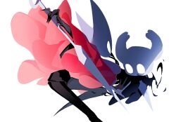 1girl 1other black_cloak black_skin cloak colored_skin highres holding holding_weapon hollow_knight horned_mask hornet_(hollow_knight) joints knight_(hollow_knight) mask needle_(hollow_knight) rdif_hk red_cloak simple_background weapon white_background white_mask
