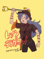 1girl belt bow closed_eyes fascist gold grey_pants grey_shirt handkerchief hat heshi_ko highres himemushi_momoyo holding holding_shovel holster jewelry military military_hat military_uniform mullet multicolored_clothes orange_bow orange_ribbon pants parody partially_translated propaganda ribbon ring shirt short_sleeves shovel smile spanish_falange tools touhou translation_request wrist_bow