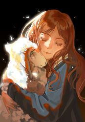1girl animal animal_hug bang_dream! bang_dream!_it&#039;s_mygo!!!!! black_background blue_shirt brown_hair chinese_commentary closed_eyes closed_mouth commentary_request facing_viewer highres hug long_hair long_sleeves nagasaki_soyo qi_yuan_(5515466313) sailor_collar school_uniform sheep shirt sidelighting sidelocks simple_background smile solo tsukinomori_school_uniform upper_body white_sailor_collar winter_uniform