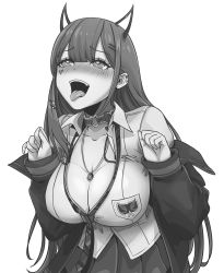 1girl absurdres akuma_nihmune akuma_nihmune_(1st_costume) banefury choker demon_girl ear_piercing facial_mark greyscale heart heart_facial_mark highres horns indie_virtual_youtuber leash loose_clothes loose_necktie loose_shirt monochrome necktie piercing shirt virtual_youtuber