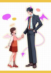 Rule 34 | 1boy, 1girl, absurdres, adachi tooru, age difference, belt, belt buckle, black eyes, black hair, black jacket, black pants, black suit, blank speech bubble, bow, breast pocket, brown belt, brown hair, brown shoes, buckle, business suit, closed mouth, demon horns, demon tail, demon wings, doujima nanako, drawn ears, drawn halo, drawn tail, drawn wings, dress, dress pants, dress shirt, formal clothes, full body, grid background, grin, hair bow, halo, hand in pocket, highres, holding hands, horns, jacket, lapels, letterboxed, loafers, long sleeves, looking at another, looking down, low twintails, multicolored dress, multiple hair bows, necktie, notched lapels, outline, pants, persona, persona 4, pinafore dress, pink bow, pink dress, pink shoes, pink wings, pocket, qieman (wopei518), red dress, red necktie, shirt, shirt tucked in, shoes, short dress, short hair, short twintails, sleeveless, sleeveless dress, smile, socks, speech bubble, standing, striped clothes, striped dress, suit, suit jacket, tail, traditional halo, turtleneck, turtleneck shirt, twintails, vertical-striped clothes, vertical-striped dress, white outline, white shirt, white socks, wings, yellow halo