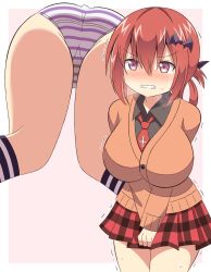 Rule 34 | 1girl, alternate breast size, bat (animal), bat hair ornament, black shirt, blush, breasts, cardigan, clenched teeth, collared shirt, cross, crying, female focus, fizu, from below, gabriel dropout, hair between eyes, hair ornament, hands between legs, have to pee, highres, inverted cross, large breasts, necktie, orange cardigan, panties, plaid clothes, plaid skirt, purple eyes, red hair, red necktie, satanichia kurumizawa mcdowell, school uniform, shirt, short hair, skirt, socks, striped clothes, striped footwear, striped panties, sweat, teeth, underwear