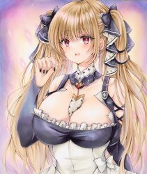 1girl 2424yume absurdres azur_lane bare_shoulders between_breasts black_dress blush breasts cleavage dress earrings formidable_(azur_lane) frilled_dress frills grey_hair hair_ribbon highres jewelry large_breasts long_hair looking_at_viewer marker_(medium) necktie necktie_between_breasts purple_background red_eyes ribbon solo traditional_media twintails two-tone_dress two-tone_ribbon very_long_hair