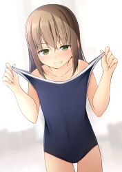 1girl blue_one-piece_swimsuit brown_eyes clothes_pull commentary_request competition_school_swimsuit cowboy_shot green_eyes grin highres long_hair looking_at_viewer one-piece_swimsuit one-piece_swimsuit_pull original school_swimsuit shibacha smile solo standing swimsuit thigh_gap tongue tongue_out