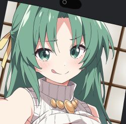 1girl :q bare_shoulders blush cellphone closed_mouth green_eyes green_hair hair_ribbon highres higurashi_no_naku_koro_ni long_hair looking_at_viewer niyane parted_bangs phone portrait ribbed_sweater ribbon selfie sleeveless sleeveless_sweater smartphone smile solo sonozaki_shion sweater tongue tongue_out turtleneck turtleneck_sweater white_sweater yellow_ribbon
