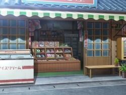 artist_request bench cactus candy day food freezer game_cg magia_record:_mahou_shoujo_madoka_magica_gaiden mahou_shoujo_madoka_magica no_humans official_art outdoors plant potted_plant road scenery shop sign sliding_doors street vending_machine