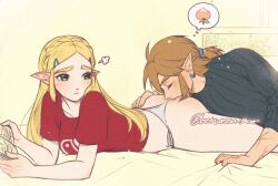 1boy 1girl ass blonde_hair blush breasts closed_eyes earrings grabbing_another&#039;s_ass groping hetero jewelry kissing_ass link long_hair nintendo pointy_ears princess_zelda scar scar_on_arm shirt short_hair the_legend_of_zelda the_legend_of_zelda:_breath_of_the_wild wildstar69