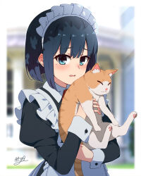1girl animal apron black_dress black_hair blue_eyes blurry blurry_background blush border cat collared_dress commentary_request contrast_collar dress frilled_apron frills highres holding holding_animal holding_cat juliet_sleeves long_sleeves looking_at_viewer maid maid_headdress necono_(nekonosora1207) open_mouth original outside_border puffy_sleeves short_hair signature solo upper_body white_apron white_border