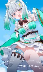 1girl :d absurdres ahoge apron blue_bow blue_eyes blue_sky blush bow breasts brown_bow cloud commentary detached_sleeves dress english_commentary fang forever_moru frilled_apron frills giant giantess gradient_hair green_dress green_hair green_sleeves hair_bow hair_ornament highres indie_virtual_youtuber looking_at_viewer mint_fantome multicolored_hair open_mouth single_thighhigh sky smile solo striped_clothes striped_dress thighhighs triangle_hair_ornament two_side_up waist_apron white_apron white_hair white_thighhighs wisps_(mint_fantome) x_hair_ornament