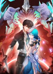 1boy 1girl absurdres akaze07 black_flower black_gloves black_hair black_jacket black_pants blue_butterfly blue_dress blue_hair bug butterfly dress fighting fighting_stance flower galaxy_background glitter_dress gloves gold_necklace grey_shirt hand_on_another&#039;s_back highres holding holding_sword holding_weapon insect jacket jewelry long_dress male_rover_(wuthering_waves) necklace night night_sky open_clothes open_jacket pants protecting purah red_background rover_(wuthering_waves) shirt shorekeeper_(wuthering_waves) sky sword two-tone_veil veil weapon white_veil wuthering_waves