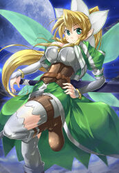 1girl bike_shorts blonde_hair boots breasts commentary_request elf energy energy_wings fairy fairy_wings green_eyes green_wings highres large_breasts leafa_(sao) long_hair moon multiple_wings photoshop_(medium) pointy_ears ponytail revision setomi_sora sheath sheathed solo sword sword_art_online transparent_wings very_long_hair weapon wings