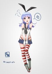Rule 34 | 1girl, absurdres, anger vein, black hairband, black neckerchief, black panties, blue eyes, blue hair, blue sailor collar, blue skirt, cosplay, crop top, elbow gloves, gloves, hairband, hatsukaze (kancolle), highleg, highleg panties, highres, kantai collection, long hair, looking at viewer, microskirt, navel, neckerchief, panties, pleated skirt, sailor collar, shimakaze (kancolle), shimakaze (kancolle) (cosplay), skirt, solo, speech bubble, spoken anger vein, striped clothes, striped thighhighs, thighhighs, thong, underwear, white gloves, yuushou