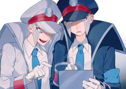 2boys :&lt; absurdres black_coat black_hat blue_necktie brothers ccf2q coat collared_coat collared_shirt emmet_(pokemon) gloves grey_eyes grey_hair grey_trim hat high_collar highres holding ingo_(pokemon) long_sleeves looking_at_object looking_down male_focus multiple_boys necktie nintendo one_eye_covered open_mouth partially_shaded_face peaked_cap pointing pokemon pokemon_bw shirt short_hair siblings sideburns sleeve_cuffs teeth tongue twins upper_body upper_teeth_only white_background white_coat white_gloves white_hat white_shirt wing_collar