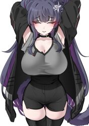 1girl absurdres arknights black_choker black_jacket black_shorts black_thighhighs breasts choker cleavage closed_eyes closed_mouth commentary cowboy_shot english_commentary facing_viewer grey_shirt high-waist_shorts highres huge_breasts jacket jessica_(arknights) k0ng large_breasts long_hair multicolored_hair pink_hair purple_hair purple_tail scoop_neck shirt shorts simple_background solo standing streaked_hair stretching tail thigh_gap thighhighs thighs white_background zettai_ryouiki