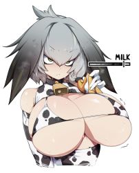 1girl absurdres animal_print bare_shoulders bell bikini blonde_hair bouncing_breasts breasts closed_mouth clothing_cutout commentary cow_print cowbell cropped_torso english_commentary english_text gameplay_mechanics gloves gradient_hair green_eyes grey_hair hair_between_eyes hand_up highres holding holding_own_hair huge_breasts kemono_friends light_frown micro_bikini motion_lines multicolored_hair neck_bell shoebill_(kemono_friends) slider slugbox solo strap_gap string_bikini sweat swimsuit transformation underboob upper_body v-shaped_eyebrows white_gloves