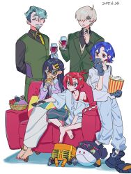 2girls 3boys amate_yuzuriha aqua_eyes beard black_hair black_shirt blonde_hair blue_eyes blue_hair challia_bull colored_inner_hair conch_(gundam) couch cup drinking drinking_glass eating facial_hair food full_body glasses gloves green_eyes green_hair green_jacket gundam gundam_gquuuuuux hair_ornament hair_over_one_eye hairclip haro highres holding holding_cup holding_food jacket long_hair long_sleeves m_manjyu military_uniform multicolored_hair multiple_boys multiple_girls mustache non-humanoid_robot nyaan_(gundam_gquuuuuux) on_couch one_side_up pants popcorn red_eyes red_hair robot shirouzu_(gundam) shirt short_hair shuji_ito sitting skirt standing turtleneck two-tone_hair wine_glass yellow_eyes
