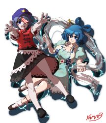 Rule 34 | 2girls, absurdres, black ribbon, black shoes, black skirt, blue dress, blue eyes, blue hair, breasts, cabbie hat, chinese clothes, cleavage, collared vest, commentary request, dress, drill hair, drill sidelocks, floral print, flower, full body, grin, hagoromo, hair ornament, hair rings, hair stick, hat, hat ornament, highres, jiangshi, kaku seiga, lace-trimmed sleeves, lace trim, large breasts, looking at viewer, medium breasts, miyako yoshika, multiple girls, neck ribbon, ofuda, open clothes, open mouth, open vest, outstretched arms, print skirt, puffy short sleeves, puffy sleeves, purple hat, red shirt, ribbon, shawl, shirt, shoes, short hair, short sleeves, sidelocks, signature, simple background, skirt, smile, socks, star (symbol), star hat ornament, tangzhuang, touhou, v-shaped eyebrows, vest, white background, white flower, white socks, white vest, yama b, zombie pose