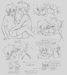 1girl 1other @_@ absurdres arrow_(symbol) blush body_freckles closed_eyes commentary deer_girl deer_tail deltarune english_commentary english_text freckles furry furry_female goomyloid greyscale hair_bun hands_on_another&#039;s_shoulders highres kiss kris_(deltarune) monochrome noelle_holiday other_with_female shirt short_hair sitting sitting_on_lap sitting_on_person sketch tail tank_top