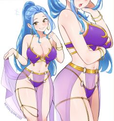 1girl absurdres alternate_costume bikini blue_hair bracelet breasts brown_eyes commentary earrings elpipe_3000 grin harem_outfit high_ponytail highres jewelry large_breasts long_hair multiple_views navel nefertari_vivi one_piece open_mouth pelvic_curtain ponytail purple_bikini smile swimsuit teeth