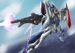 absurdres aiming battle beam_rifle cloud cloudy_sky commentary_request energy energy_beam energy_gun firing flying green_eyes gundam gundam_hathaway&#039;s_flash hayatefseiei highres machinery mecha mecha_focus mobile_suit no_humans robot science_fiction shield sky v-fin weapon xi_gundam