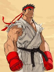 1boy black_hair dougi fingerless_gloves forked_eyebrows from_below game_cg gloves headband highres light_smile male_focus martial_arts_belt mma_gloves muscular muscular_male nishimura_kinu non-web_source official_art red_gloves red_headband ryu_(street_fighter) short_hair sleeveless solo street_fighter street_fighter_iii_(series) torn_clothes torn_sleeves upturned_eyes
