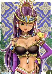 1girl 1other absurdres bare_shoulders blue_gemstone border bow bracelet breasts bridal_gauntlets cleavage commentary_request creature_request dark-skinned_female dark_skin dragon_quest dragon_quest_ix eyeshadow gem gold_bracelet gold_headdress gold_trim green_eyes hand_on_own_hip headdress highres jewelry large_breasts long_hair looking_at_viewer makeup midriff moyapippi navel necklace off_shoulder one_eye_closed open_mouth parted_hair pink_bow purple_bridal_gauntlets purple_eyeshadow purple_gemstone purple_hair slit_pupils solo_focus ulysses upper_body uraeus white_border