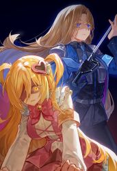 2girls armband armor blonde_hair blue_eyes bow bowtie brown_hair coat collared_shirt cosplay don_quixote_(project_moon) dress e.g.o_(project_moon) hair_ornament heart heart_hair_ornament highres holding holding_sword holding_weapon limbus_company lobotomy_corporation lobotomy_corporation_(identity)_(project_moon) long_hair long_sleeves multiple_girls necktie open_mouth pauldrons project_moon queen_of_hatred queen_of_hatred_(cosplay) ranya_(artiraia) rapier rodion_(project_moon) shirt shoulder_armor simple_background sword teardrop_facial_mark very_long_hair weapon