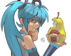 blue_eyes blue_hair crying detached_sleeves food fruit hatsune_miku highres kasane_teto long_hair open_mouth painterly pear pearto rainbowdeww shirt sleeveless sleeveless_shirt teeth twintails utau vocaloid white_background
