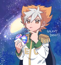 1boy :p amanogawa_ginga brown_eyes brown_hair commentary donut english_text epaulettes food food_on_face food_wrapper galaxy green_trim hair_between_eyes hand_on_own_chin hands_up high_collar holding holding_donut holding_food jacket jinzou_konchuu_kabutoborg_vxv kuroda_(kuro_yyy) looking_up male_focus short_hair solo space standing star_(sky) symbol-only_commentary tongue tongue_out upper_body white_hair white_jacket