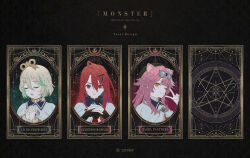 3girls ;) ahoge animal_ears bilingual_commentary blue_fire blue_hair braid cape card_(medium) cecilia_immergreen cecilia_immergreen_(1st_costume) character_name closed_eyes collared_cape colored_inner_hair commentary copyright_notice doll doll_joints double-parted_bangs elizabeth_rose_bloodflame elizabeth_rose_bloodflame_(1st_costume) english_commentary enigmatic_recollection fire fire_on_chest goggles goggles_on_head green_hair grey_hair hair_between_eyes hair_ornament hand_up hololive hololive_english huge_ahoge joints long_hair mixed-language_commentary mokoppe multicolored_hair multiple_girls nail_polish official_art one_eye_closed open_mouth own_hands_together panther_ears panther_girl pink_hair pink_nails raora_panthera raora_panthera_(1st_costume) red_eyes red_hair red_nails short_hair side_braid sidelocks single_braid smile streaked_hair tarot tarot_(medium) v virtual_youtuber white_cape white_hair winding_key yellow_eyes