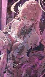 1girl ahoge bare_shoulders belt black_nails blue_archive bow braid breasts cardigan cleavage fanged_bangs fingernails green_eyes gun hair_between_eyes hair_bow halo hanako_(blue_archive) highres holding holding_gun holding_weapon huge_breasts long_hair nail_polish navel netural open_cardigan open_clothes open_mouth pink_cardigan pink_hair pink_halo smile solo stomach teeth thighs weapon white_belt white_bow