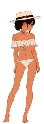 1girl ass bare_shoulders bikini black_hair brown_eyes dark-skinned_female dark_skin expressionless full_body glasses hair_bun hat highres kingrun looking_to_the_side original profile solo swimsuit tan white_bikini
