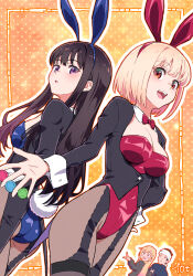 Rule 34 | 10ttruck, 1boy, 3girls, :o, animal ear hairband, animal ears, ass, black hair, black jacket, black thighhighs, blonde hair, blue leotard, blush, bow, bowtie, breasts, coattails, commentary request, cowboy shot, detached collar, dutch angle, fake animal ears, fake tail, garter straps, gojou wakana, hairband, highleg, highleg leotard, highres, inoue takina, jacket, kitagawa marin, large breasts, leotard, long hair, long sleeves, looking at viewer, lycoris recoil, medium breasts, multiple girls, nishikigi chisato, open mouth, pantyhose, parted lips, playboy bunny, pointing, poker chip, purple eyes, purple hair, rabbit ear hairband, rabbit ears, rabbit tail, red bow, red bowtie, red eyes, red leotard, short hair, sleeve cuffs, smile, sono bisque doll wa koi wo suru, standing, tail, thighhighs, very long hair