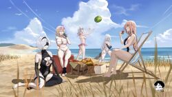 Rule 34 | 2b (yorha unofficial waterfront gear) (nikke), 5girls, a2 (yorha unofficial waterfront gear prototype) (nikke), absurdres, anis (nikke), anis (sparkling summer) (nikke), beach, bikini, breasts, danny marx, goddess of victory: nikke, highres, large breasts, multiple girls, navel, neon (blue ocean) (nikke), neon (nikke), nier:automata, nier (series), official alternate costume, one-piece swimsuit, rapi (classic vacation) (nikke), rapi (nikke), swimsuit, water