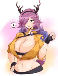 1girl absurdres animal_ears arknights ashy_(dankestsin) black_gloves breasts cleavage coldshot_(arknights) crop_top deer_ears deer_girl deer_tail fingerless_gloves gloves green_eyes hair_over_one_eye hand_on_own_hip highres large_breasts long_hair midriff mole mole_on_breast one_eye_covered purple_hair solo tail tongue tongue_out wavy_hair