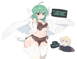 1boy 1girl ahoge bare_shoulders birb_(niniidawns) bird_legs bird_tail blonde_hair blue_eyes blush braid breasts brown_eyes chicken_girl commentary english_commentary english_text feathered_wings feathers green_hair hair_between_eyes harpy head_wings highres long_hair midriff monster_girl navel niniidawns original rags simple_background small_breasts tail white_background white_feathers white_wings wide_hips wing_ears winged_arms wings