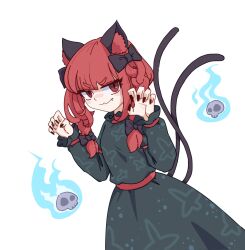 1girl animal_ear_fluff animal_ears ay606078 black_bow black_nails blunt_bangs bow braid cat_ears cat_girl closed_mouth commentary dress fangs green_dress hair_bow highres hitodama kaenbyou_rin long_hair long_sleeves looking_at_viewer patterned_clothing paw_pose red_eyes red_hair side_braids simple_background skull solo touhou twin_braids white_background