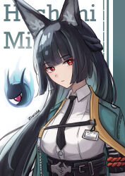 1girl absurdres animal_ear_fluff animal_ears black_hair black_necktie black_skirt blunt_bangs closed_mouth collared_shirt eyeball fox_ears fox_girl highres holding holding_sword holding_weapon hoshimi_miyabi jacket long_hair necktie open_clothes open_jacket red_eyes shirt skirt sword tailless_(zenless_zone_zero) upper_body weapon white_shirt zenless_zone_zero zunoda