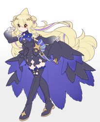 anyelingy black_dress blonde_hair boots bow commentary_request detached_sleeves dress full_body gradient_background hair_between_eyes hair_ornament heterochromia highres indie_virtual_youtuber kaofish long_bangs long_hair looking_at_viewer red_eyes simple_background sleeves_past_wrists smile standing star_(symbol) thigh_boots yellow_eyes