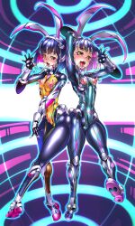 Rule 34 | 2girls, absurdres, alternate color, animal ears, ass, ass-to-ass, ass press, blue hair, blush, bob cut, bodysuit, boots, breasts, covered navel, cum, cum on body, cum on breasts, cum on upper body, curvy, embarrassed, facial, fake animal ears, fellatio gesture, female focus, full body, gloves, gradient hair, happy, high heels, highleg, highleg leotard, highres, holding hands, huge ass, leotard, looking at viewer, masachuusa, moaning, multicolored bodysuit, multicolored hair, multiple girls, multiple persona, neon lights, nipple piercing, nipples, one eye closed, open mouth, original, piercing, pubic tattoo, rabbit ears, see-through bodysuit, see-through clothes, see-through leotard, shiny clothes, shiny skin, short hair, small breasts, smile, standing, taimanin (series), taimanin rpgx, tattoo, thick thighs, thighs, thong leotard, tongue, tongue out, tongue piercing, tsuzuruki mikoto, wide hips