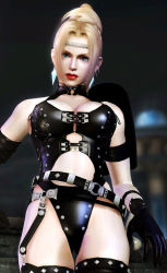 1girl 3d armband armor arms_at_sides asymmetrical_gloves belt black_thighhighs blonde_hair blue_eyes blurry breasts circlet cleavage cleavage_cutout clothing_cutout depth_of_field earrings female_focus from_below garter_belt garter_straps gloves hammer high_ponytail jewelry large_breasts leather leather_armor legs_together leotard lips lipstick makeup ninja_gaiden o-ring o-ring_belt official_art outdoors pauldrons ponytail rachel_(ninja_gaiden) shoulder_armor solo standing strap studded_leather tecmo thighhighs thighs tiara uneven_gloves weapon