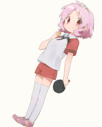 Rule 34 | 1girl, antenna hair, ball, blush, closed mouth, collared shirt, female focus, full body, highres, holding, holding ball, looking at viewer, okayparium, oomune mune, paddle, pink eyes, pink hair, shakunetsu no takkyuu musume, shirt, short hair, short sleeves, smile, solo, table tennis ball, table tennis paddle, thighhighs, wavy hair, white thighhighs