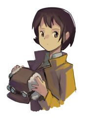 Rule 34 | 1girl, absurdres, brown eyes, brown hair, brown jacket, from side, fur hat, goggles, goggles on headwear, hat, highres, jacket, kino (kino no tabi), kino no tabi, kornod, solo, upper body, white background