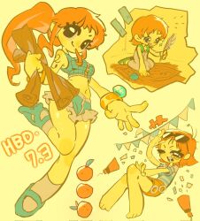 1girl aged_down bangle bare_shoulders barefoot birthday bracelet child closed_mouth commentary_request confetti crop_top dated dress eyewear_on_head food fruit full_body happy_birthday high_ponytail highres holding holding_map holding_quill jewelry kneehighs korean_commentary log_pose long_hair mandarin_orange map midriff miniskirt multiple_views nami_(one_piece) navel one_piece open_mouth orange_hair orange_skirt party_popper ponytail quill sandals seiza shirt short_hair short_sleeves shoulder_tattoo sitting skirt sleeveless sleeveless_dress smile socks sparkle spookeygoost sunglasses tattoo