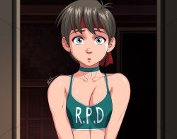 1girl breasts breasts_squeezed_together brown_hair cleavage collarbone commentary earrings english_commentary exmile green_sports_bra grey_eyes headband jewelry looking_at_viewer official_alternate_costume open_mouth rebecca_chambers red_headband resident_evil resident_evil_0 short_hair small_breasts solo sports_bra stud_earrings upper_body very_short_hair