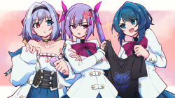 3girls :d :o aizawa_kazuha anger_vein annoyed assault_lily asymmetrical_hair badge bare_shoulders belt belt_buckle black_belt black_choker black_hairband black_shirt blue_eyes blue_hair blue_skirt bow braid breasts buckle button_badge character_charm character_print charm_(object) choker cleavage cleavage_cutout clothes_writing clothing_cutout collarbone commentary_request corset crossed_arms digamma frilled_shirt frills gradient_background grey_hair hair_between_eyes hair_bow hair_intakes hair_ornament hair_ribbon hairband half_up_braid hands_up heart heart_choker herensuge_girls_academy_school_uniform heterochromia highres holding holding_shirt holding_unworn_clothes jacket jewelry letterboxed long_hair long_sleeves looking_at_another looking_to_the_side matsumura_fuuka medium_breasts medium_hair merchandise multiple_belts multiple_girls off_shoulder open_clothes open_jacket open_mouth outside_border parted_lips pink_background pink_eyes pink_ribbon pleated_skirt purple_hair red_bow red_eyes ribbon ring school_uniform shirt side-by-side sideways_glance skirt sleeves_past_wrists smile sparkle standing strapless strapless_shirt t-shirt tassel tassel_hair_ornament torii_miho twintails underbust unworn_shirt upper_body v-shaped_eyebrows white_jacket white_shirt