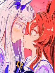 Rule 34 | 2girls, animal ears, blue bow, blue eyes, blunt bangs, blush, bow, bowtie, brown hair, character request, closed mouth, dot mouth, ear bow, embarrassed, face-to-face, flustered, gold ship (umamusume), grey hair, hair between eyes, height difference, horse ears, horse girl, just a way (racehorse), long hair, looking at another, multicolored hair, multiple girls, notice lines, parted lips, pink background, purple bow, purple bowtie, purple shirt, sailor collar, school uniform, shirt, simple background, streaked hair, sweatdrop, tracen school uniform, translation request, umamusume, wakamiya erika (avvv4783), white hair, white sailor collar, yuri