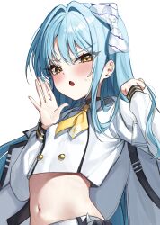 1girl :o absurdres belt black_jacket blue_hair blush bow buttons collared_shirt commentary cropped_shirt double-breasted goddess_of_victory:_nikke gun hair_bow hair_intakes hand_in_own_hair handgun hands_up highres jacket jacket_on_shoulders long_hair long_sleeves looking_at_viewer navel neckerchief palms_together rosu_1109 shirt sky_(nikke) solo sweatdrop twirling_hair two-sided_fabric two-sided_jacket upper_body v-shaped_eyebrows weapon white_background white_bow white_jacket white_shirt yellow_eyes yellow_neckerchief