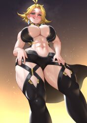 1girl :q absurdres antenna_hair bare_arms black_shirt black_shorts black_thighhighs blonde_hair blue_trim blush breasts brown_background cipher4109 cleavage cleavage_cutout closed_mouth clothing_cutout commentary cosplay curvy diamond-shaped_earrings diamond_(gemstone) dokibird_(vtuber) dokibird_(vtuber)_(bounty_hunter) emma_frost emma_frost_(cosplay) emma_frost_(x-revolution) english_commentary eyeshadow fang feather_hair feet_out_of_frame from_below gradient_background green_eyes half-closed_eyes hands_on_own_thighs highres indie_virtual_youtuber large_breasts looking_at_viewer makeup marvel marvel_rivals naughty_face official_alternate_costume parted_bangs raised_eyebrows shirt short_hair shorts skin_fang smile solo standing stomach superhero_costume thick_thighs thighhighs thighs tongue tongue_out variant_set virtual_youtuber wide_hips x-men yellow_background